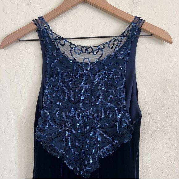 Vintage Night Way Collection Sleeveless Sheer Sequined Velvet Maxi Dress 6 Blue - Picture 3 of 7
